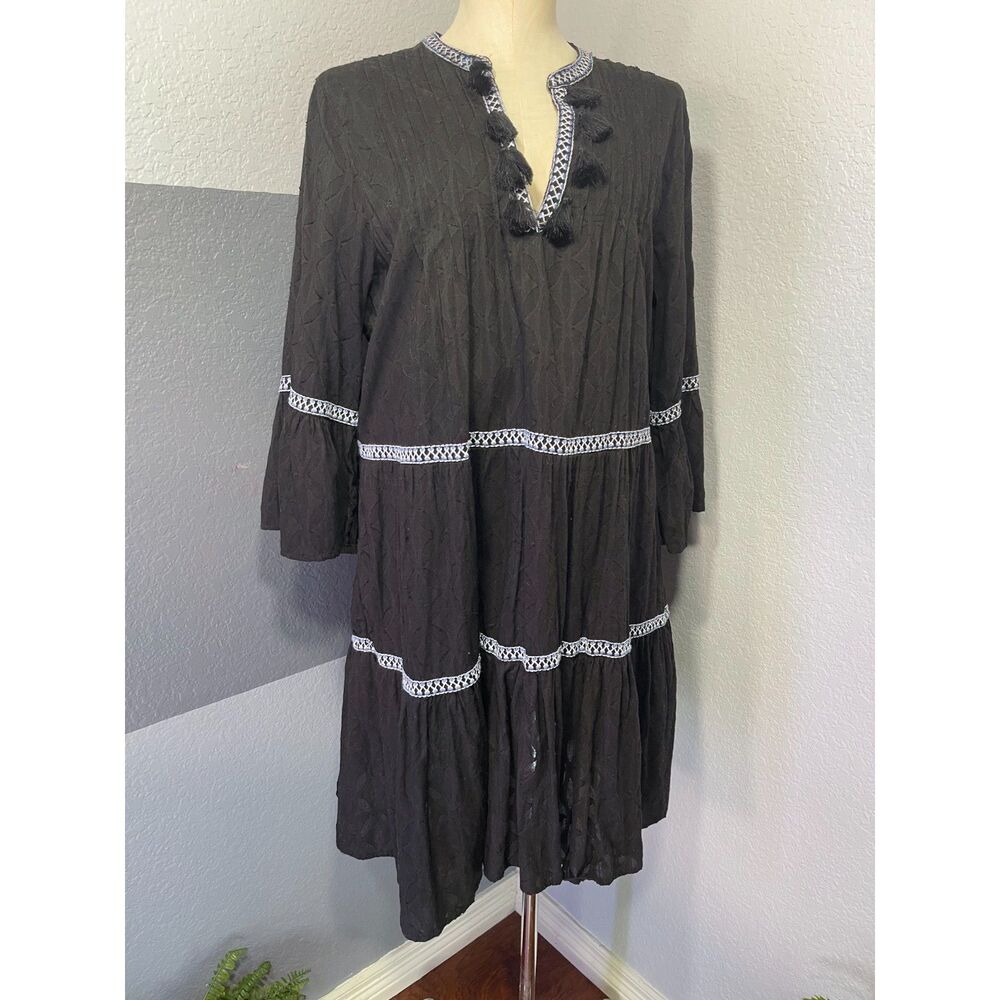 Tommy Bahama Cotton Clip Embroidered Tier Dress XL Black Tassel Tunic